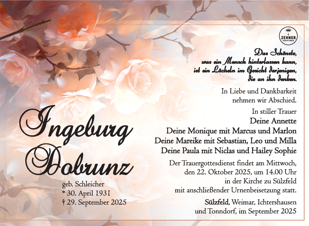  Traueranzeige für Ingeburg Dobrunz vom 04.10.2025 aus Südthüringer Presse
