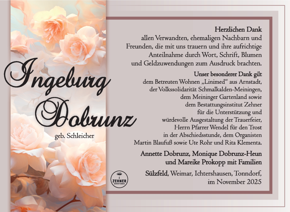  Traueranzeige für Ingeburg Dobrunz vom 01.11.2025 aus Südthüringer Presse