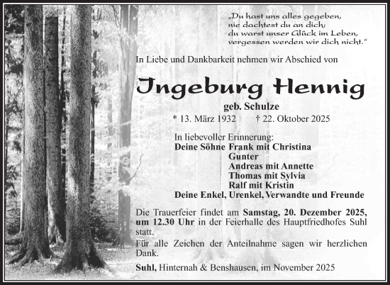 Traueranzeige von Ingeburg Hennig von Südthüringer Presse