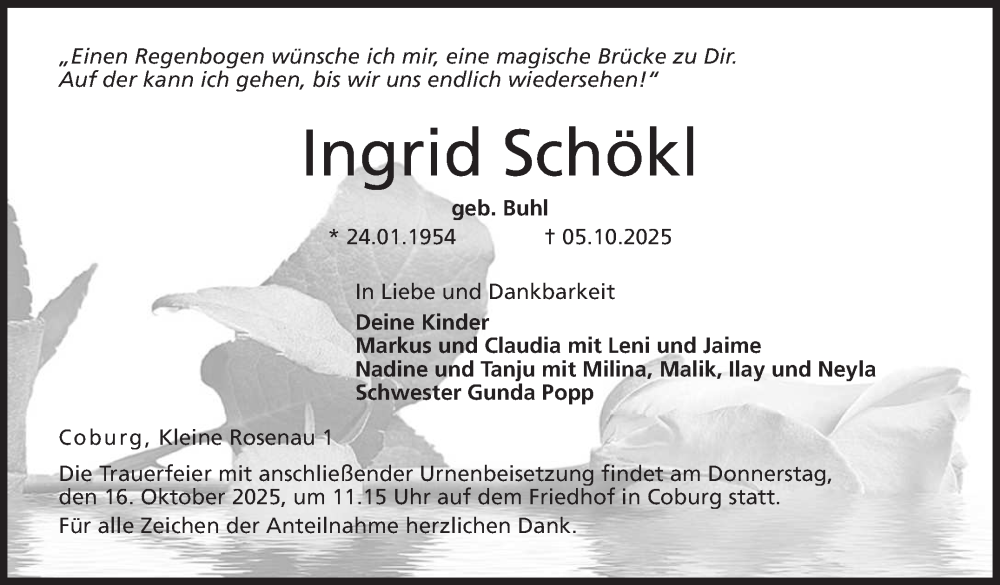  Traueranzeige für Ingrid Schökl vom 11.10.2025 aus Neue Presse Coburg