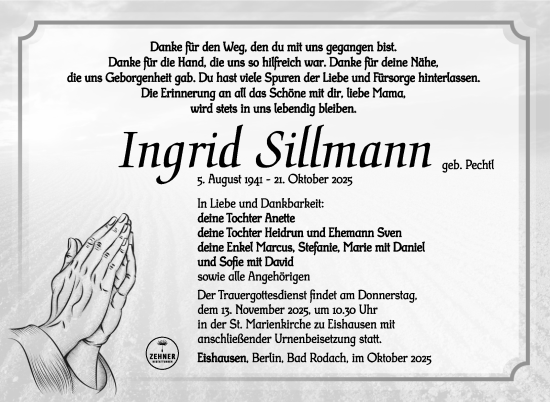 Traueranzeige von Ingrid Sillmann von Südthüringer Presse
