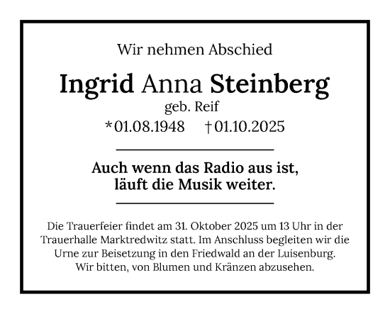 Traueranzeige von Ingrid Steinberg von Frankenpost