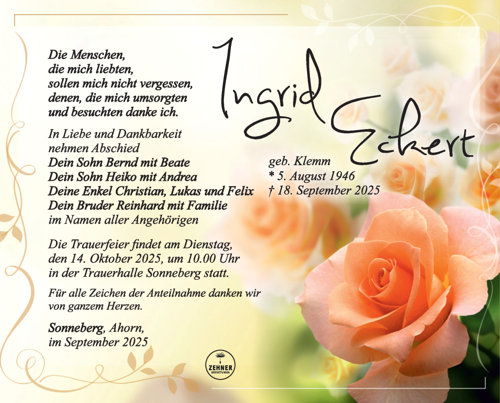  Traueranzeige für Inrid Eckert vom 04.10.2025 aus Südthüringer Presse