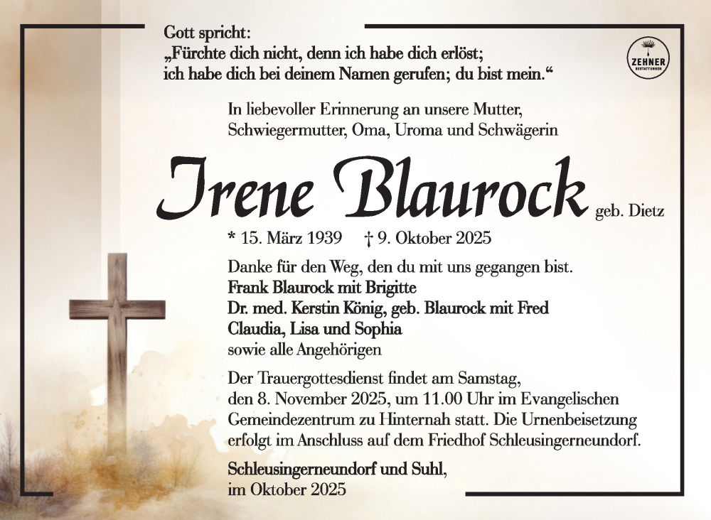  Traueranzeige für Irene Blaurock vom 18.10.2025 aus Südthüringer Presse