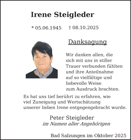 Traueranzeige von Irene Steigleder von Südthüringer Presse