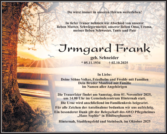 Traueranzeige von Irmgard Frank von Südthüringer Presse