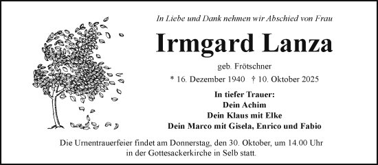 Traueranzeige von Irmgard Lanza von Frankenpost
