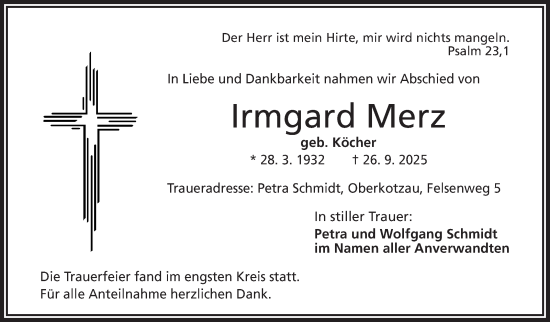 Traueranzeige von Irmgard Merz von Frankenpost