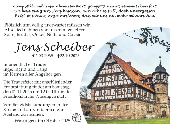 Traueranzeige von Jens Scheiber von Südthüringer Presse