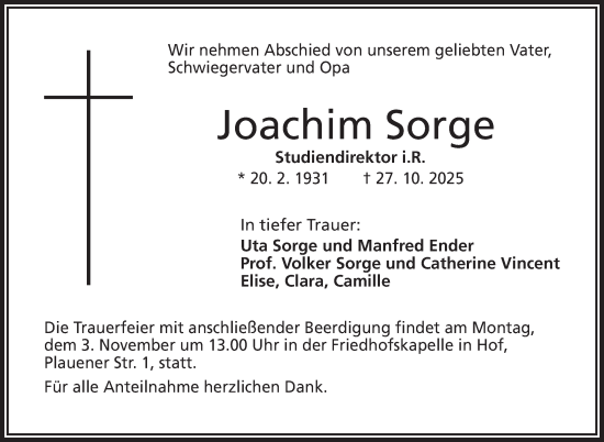 Traueranzeige von Joachim Sorge von Frankenpost