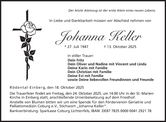 Traueranzeige von Johanna Keller von Neue Presse Coburg