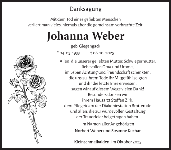 Traueranzeige von Johanna Weber von Südthüringer Presse