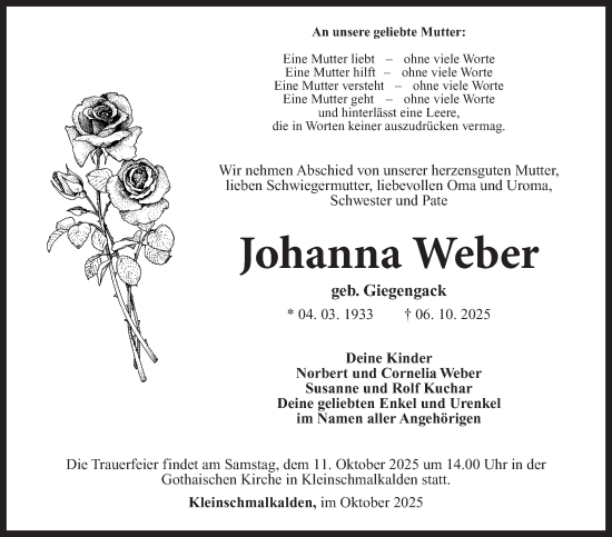 Traueranzeige von Johanna Weber von Südthüringer Presse