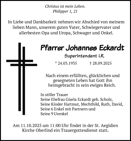 Traueranzeige von Johannes Eckardt von Südthüringer Presse