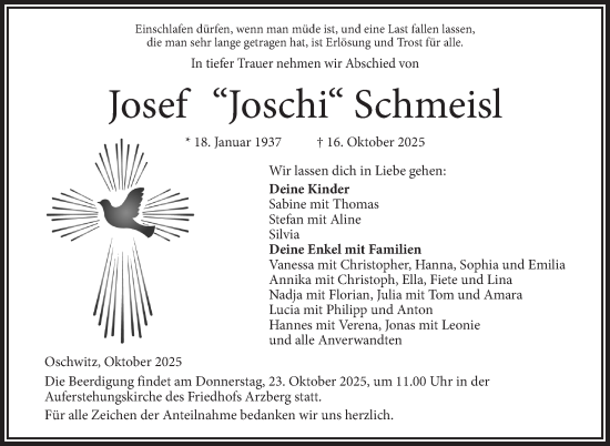 Traueranzeige von Josef Schmeisl von Frankenpost