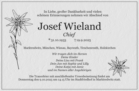 Traueranzeige von Josef Wieland von Frankenpost
