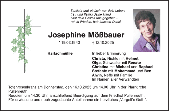 Traueranzeige von Josephine Mößbauer von Frankenpost