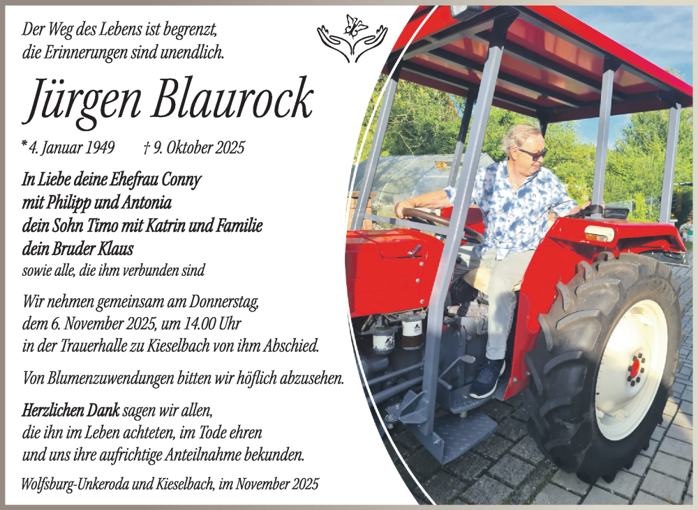  Traueranzeige für Jürgen Blaurock vom 01.11.2025 aus Südthüringer Presse