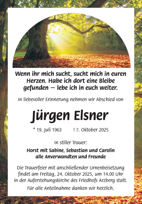 Traueranzeige von Jürgen Elsner von Frankenpost