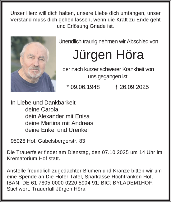 Traueranzeige von Jürgen Höra von Frankenpost