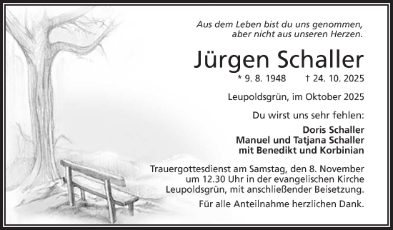 Traueranzeige von Jürgen Schaller von Frankenpost