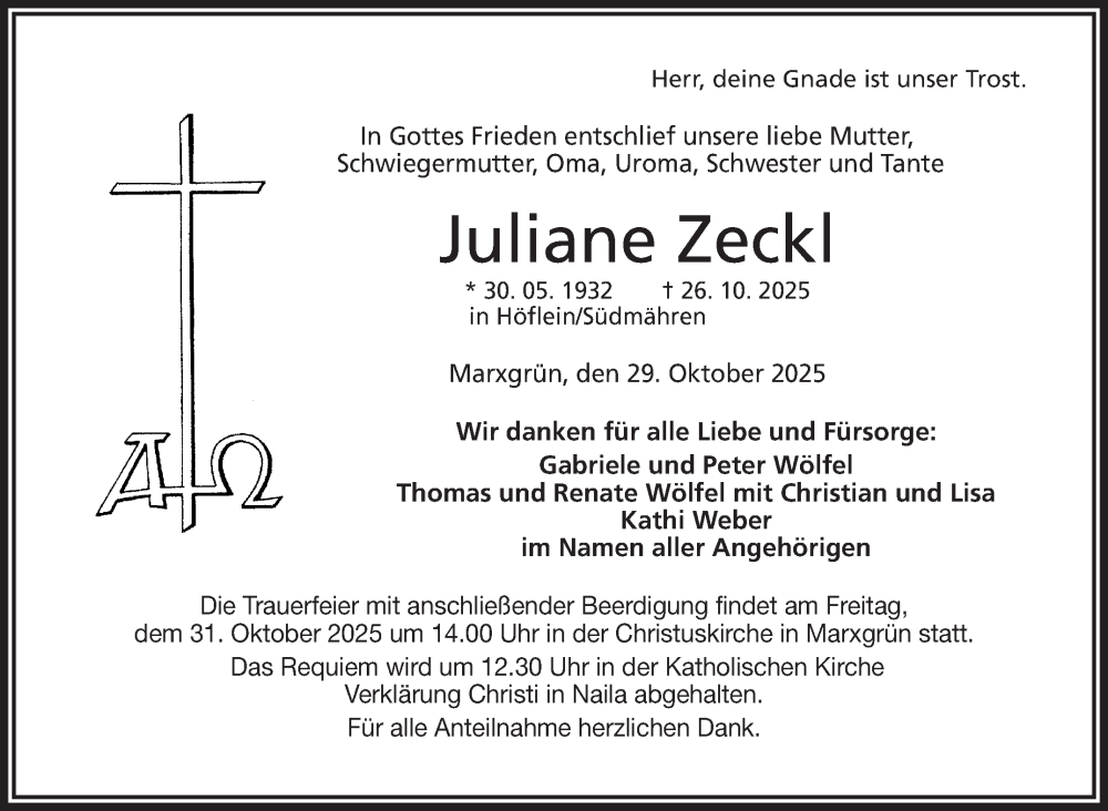  Traueranzeige für Juliane Zeckl vom 29.10.2025 aus Frankenpost