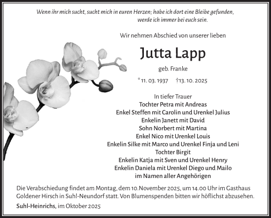 Traueranzeige von Jutta Lapp von Südthüringer Presse