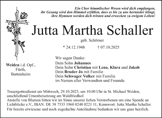 Traueranzeige von Jutta Martha Schaller von Frankenpost