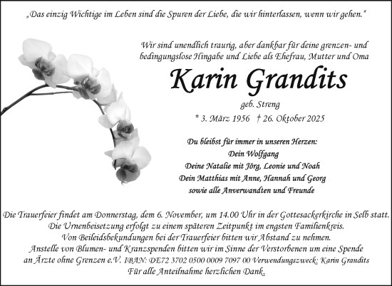 Traueranzeige von Karin Grandits von Frankenpost
