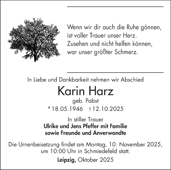 Traueranzeige von Karin Harz von Südthüringer Presse