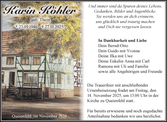 Traueranzeige von Karin Köhler von Südthüringer Presse