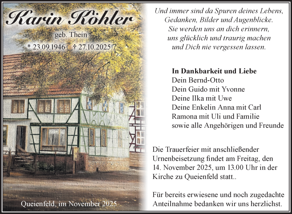  Traueranzeige für Karin Köhler vom 01.11.2025 aus Südthüringer Presse
