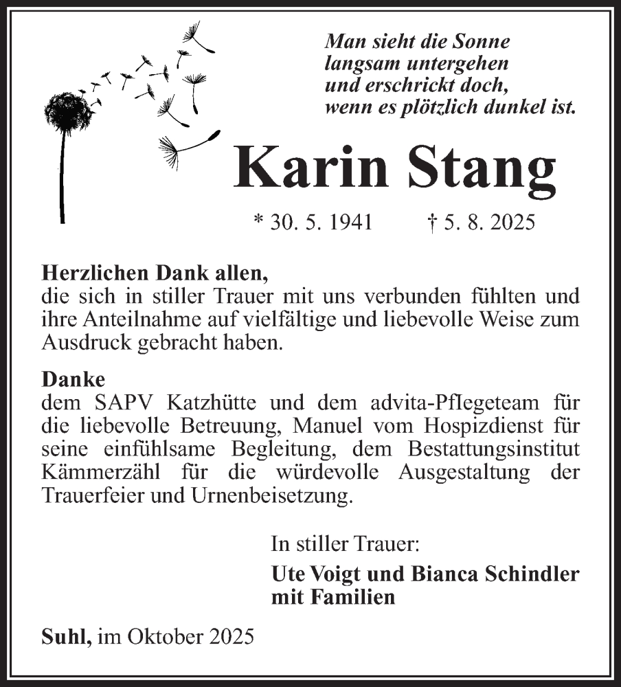  Traueranzeige für Karin Stang vom 11.10.2025 aus Südthüringer Presse