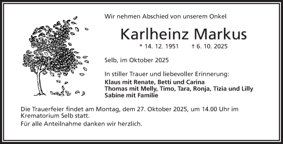Traueranzeige von Karlheinz Markus von Frankenpost