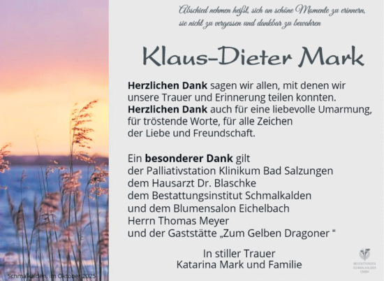 Traueranzeige von Klaus-Dieter Mark von Südthüringer Presse