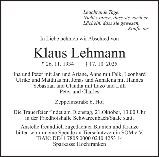 Traueranzeige von Klaus Lehmann von Frankenpost