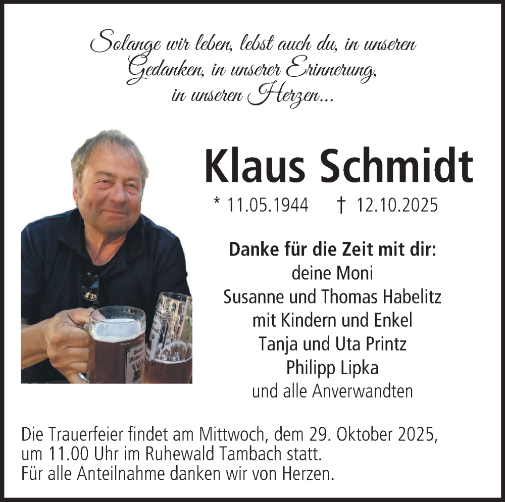  Traueranzeige für Klaus Schmidt vom 18.10.2025 aus Neue Presse Coburg