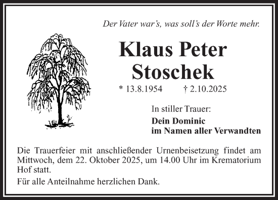 Traueranzeige von Klaus Peter Stoschek von Frankenpost