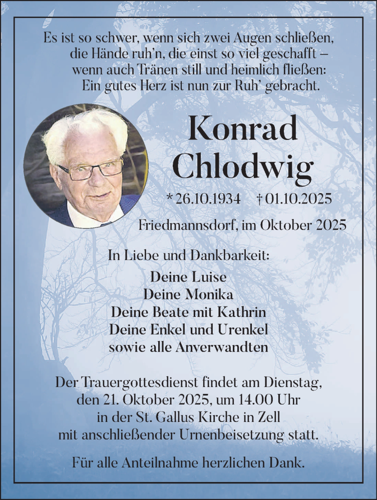  Traueranzeige für Konrad Chlodwig vom 18.10.2025 aus Frankenpost