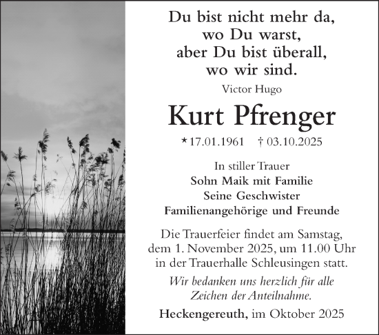 Traueranzeige von Kurt Pfrenger von Südthüringer Presse