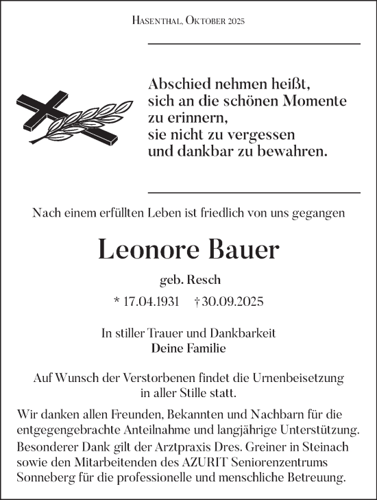 Traueranzeige von Leonore Bauer von Südthüringer Presse