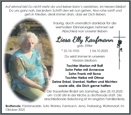 Traueranzeige von Liesa Kaufmann von Südthüringer Presse