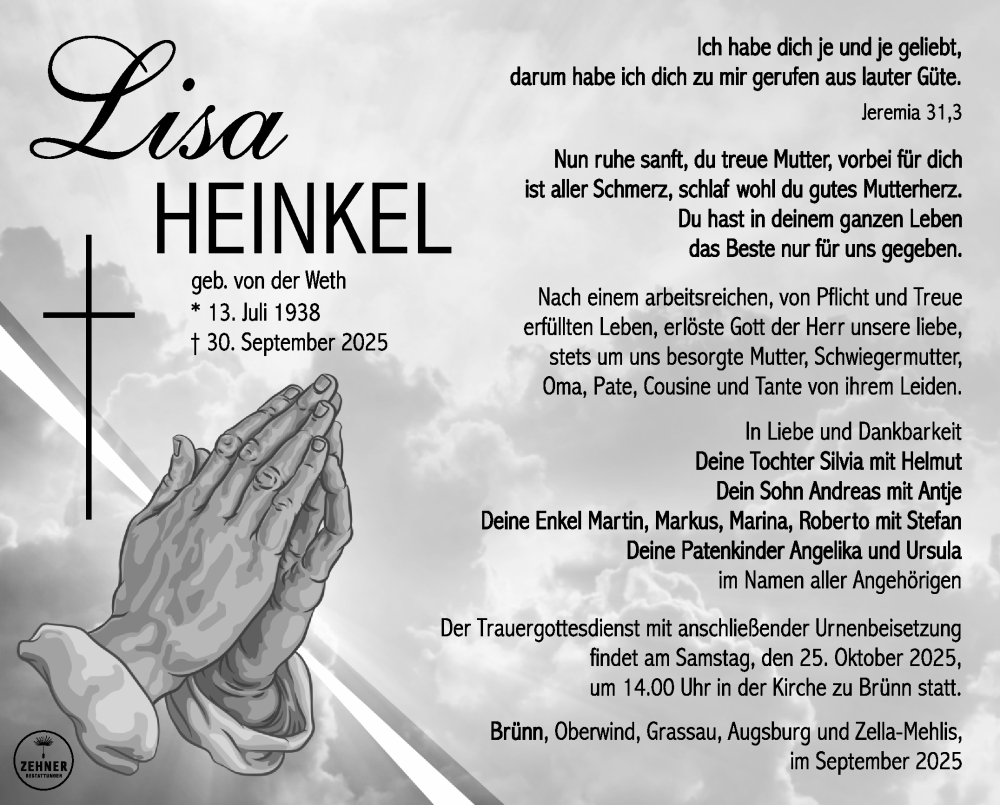  Traueranzeige für Lisa Heinkel vom 18.10.2025 aus Südthüringer Presse