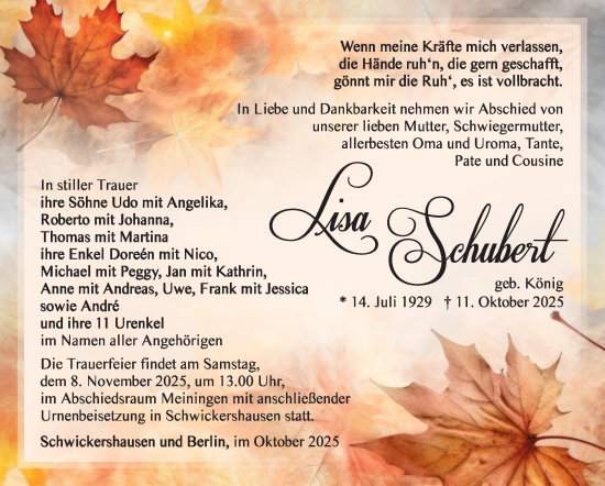 Traueranzeige von Lisa Schubert von Südthüringer Presse