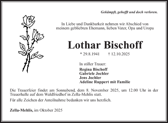 Traueranzeige von Lothar Bischoff von Südthüringer Presse