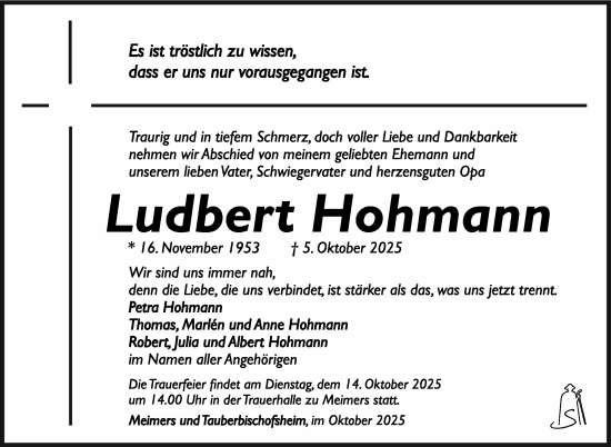 Traueranzeige von Ludbert Hohmann von Südthüringer Presse