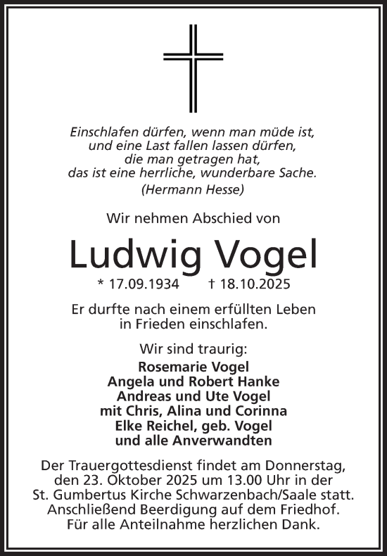 Traueranzeige von Ludwig Vogel von Frankenpost