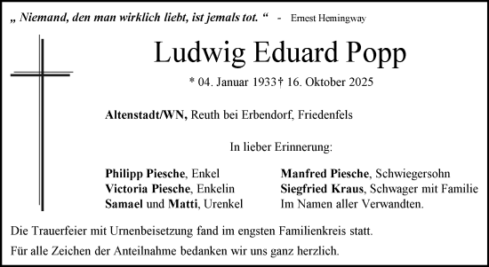 Traueranzeige von Ludwig Eduard Popp von Frankenpost