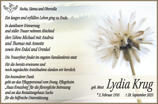 Traueranzeige von Lydia Krug von Südthüringer Presse