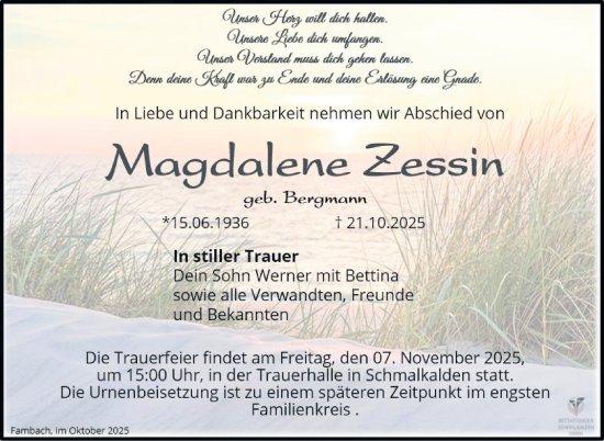 Traueranzeige von Magdalene Zessin von Südthüringer Presse